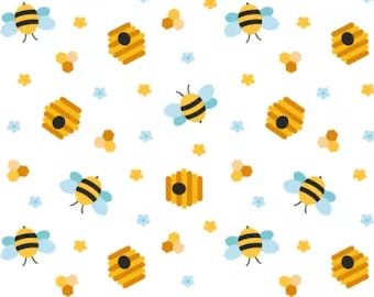 Beehive Fabric, Beehives and Bees on White by David Textiles Novelty Cotton Fabric, Beehive Party Fabric, DX-4108-4C-1