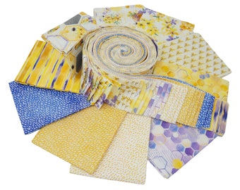 Honey Bee Fabric, Bee Jelly Roll 2.5 inch Strips from the Welcome to our Hive Collection by Camelot Quilting Cotton Fabric, 40 pieces