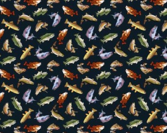 Fish Fabric, Lake Fish on Navy Blue from the Welcome to our Lake Collection by Michael Miller Quilting Cotton Fabric, Tossed Fish Fabric