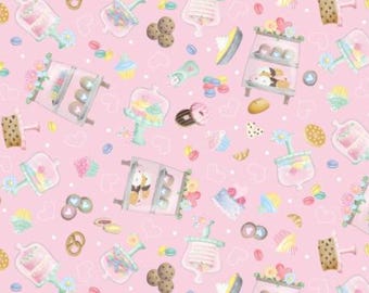 Dessert Fabric, Pastry Treats on Pink Gnomebody Bakes it Better by Andi Metz for Kanvas Studio Benartex Quilting Cotton Fabric, 12833B-21