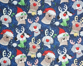 Christmas Dog Fabric, Christmas Reindeer Pups on Blue by Fabric Traditions Novelty Cotton Fabric, Reindeer Dog Fabric