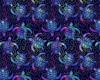 Sea Turtle Fabric, Sea Turtle Electric Ocean Digitally Printed by Timeless Treasures Quilting Cotton Fabric, Swimming Turtles Fabric