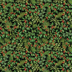 Holly Fabric, Holly and Berries on Black with Gold Metallic Accents Christmas Musical by Benartex Quilting Cotton Fabric 14028M-07B 画像 1