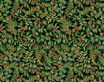Holly Fabric, Holly and Berries on Black with Gold Metallic Accents Christmas Musical by Benartex Quilting Cotton Fabric 14028M-07B