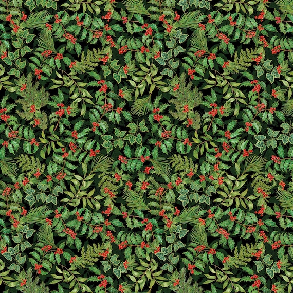 Holly Fabric, Holly and Berries on Black with Gold Metallic Accents Christmas Musical by Benartex Quilting Cotton Fabric 14028M-07B