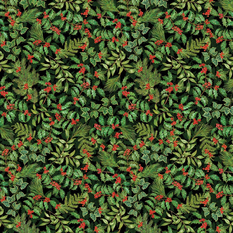 Holly Fabric, Holly and Berries on Black with Gold Metallic Accents Christmas Musical by Benartex Quilting Cotton Fabric 14028M-07B 画像 1