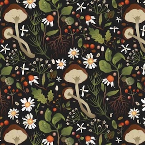 Mushroom Floral Fabric, Woodland Mushrooms on Black by David Textiles Novelty Cotton Fabric