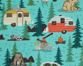 Camping Animals Flannel Fabric, Camping Critters on Green Super Snuggle Novelty Cotton Flannel Fabric
