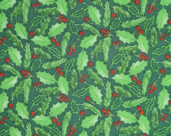 Holly Fabric, Holiday Holly on Green by 3 Wishes Novelty Cotton Fabric 15493-GRN