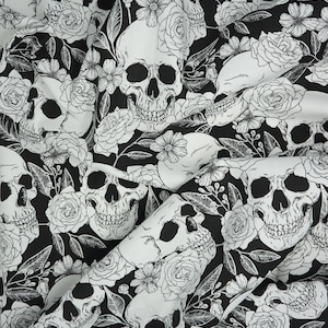 Skulls and Roses Fabric, Skulls and Roses in Black and White by Fabric ...