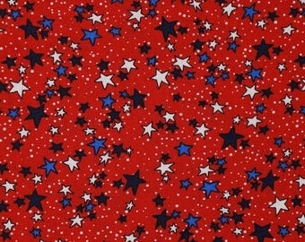 Patriotic Stars Fabric, Patriotic Red White and Blue Stars on Red Independence Day 4th of July Novelty Cotton Fabric