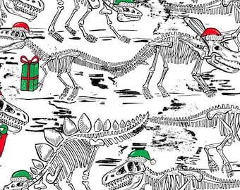 Christmas Dinosaur Skeleton Fabric, Christmas Dino Fossils Timeless Treasures Quilting Cotton Fabric, Kid Christmas, Digital Print