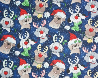 Christmas Dog Fabric, Christmas Reindeer Pups on Blue by Fabric Traditions Novelty Cotton Fabric, Reindeer Dog Fabric