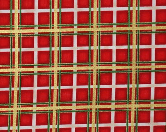 Christmas Plaid Fabric, Red Green and Metallic Gold Plaid by Timeless Treasures Quilting Cotton Fabric