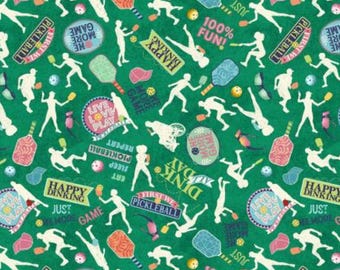 Pickleball Fabric, Pickleball Just Dink It Words and Icons by Michael Miller Quilting Cotton Fabric, DDC12122-GREE
