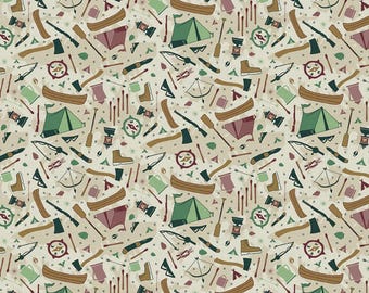Hunting Fabric, Hunting and Camping Gear Graphics Hunters Haven by Paintbrush Studio Quilting Cotton Fabric, Camping Fabric