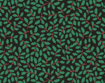 Holly Fabric, Holly Leaves and Berries on Black 12 Days of Christmas Collection by Lewis and Irene Quilting Cotton Fabric