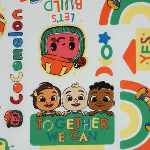 Cocomelon Fabric, Tossed Lets Build Kids on White Licensed by David Textiles Novelty Cotton Fabric, JJ Fabric, Cody and Nina Cocomelon image 3