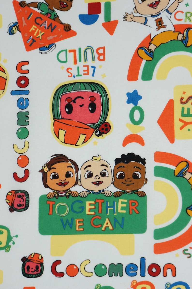 Cocomelon Fabric, Tossed Lets Build Kids on White Licensed by David Textiles Novelty Cotton Fabric, JJ Fabric, Cody and Nina Cocomelon image 3