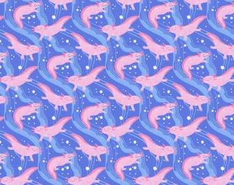 Axolotl Fabric, Cute Axolotl Salamanders Paintbrush Studio Quilting Cotton Fabric, Pink Axolotls, 120-25111
