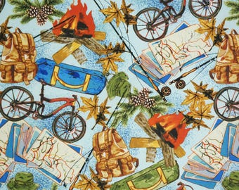 Camping Fabric, Going Places on Blue by David Textiles Novelty Cotton Fabric, Camping Gear Fabric, Biking Fabric