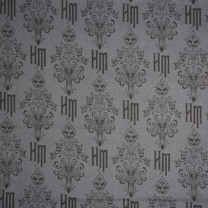 Haunted Mansion Fabric, Large Print Black Logo Wallpaper Damask on Gray Disney Licensed Novelty Cotton Fabric, Haunted Mansion Logo Fabric