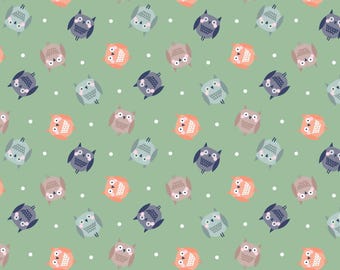 Owl Flannel Fabric, Cozy Owls Tossed on Green Cozy Forest by Kanvas Studio for Benartex Comfort Flannel Fabric, Nursery Flannel