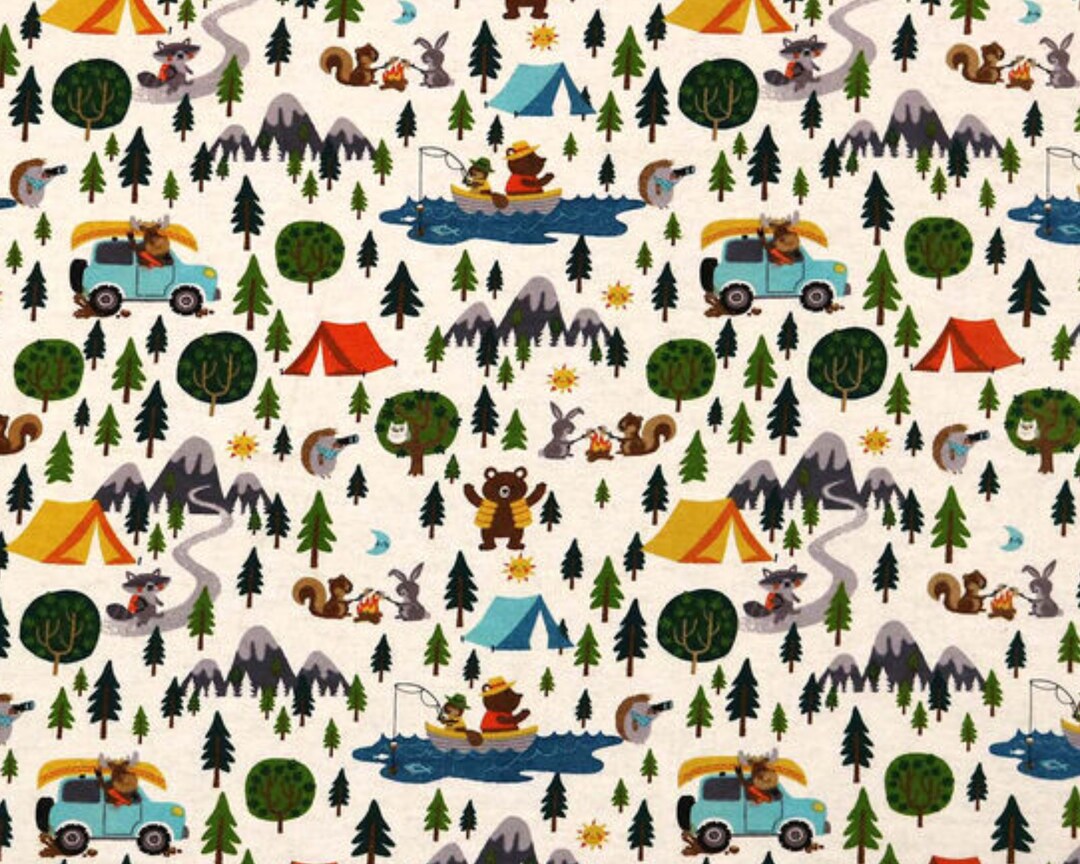 Animals Camping Flannel Fabric, Animals Camping on Cream Snuggle