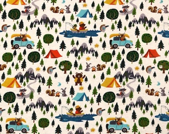 Animals Camping Flannel Fabric, Animals Camping on Cream Snuggle Flannel Cotton Fabric, Forest Animals Camping
