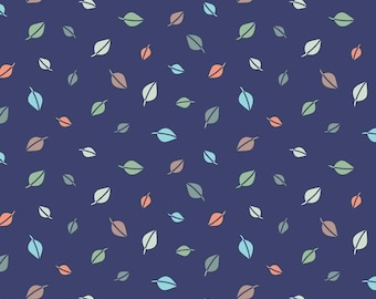 Forest Leaves Flannel Fabric, Forest Leaves Tossed on Navy Cozy Forest by Kanvas Studio for Benartex Comfort Flannel Fabric, Nursery
