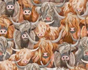 Highland Cow Fabric, Packed Highland Cows on Cream by Studio E Quilting Cotton Fabric, Gingerbread Cows 8617S-36