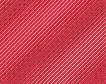 Thin White Stripe on Red Fabric, Thin White Diagonal Stripe on Red Cheefully Red by Riley Blake Quilting Cotton Fabric, White Stripe Fabric