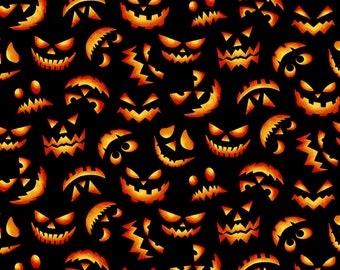 Jack O Lantern Scary Grins on Black by Color Principle Studio for Henry Glass Quilting Cotton Fabric, Halloween Pumpkin Fabric 3049-99