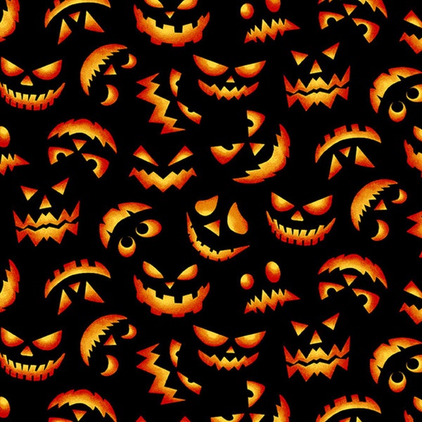 Jack O Lantern Scary Grins on Black by Color Principle Studio for Henry Glass Quilting Cotton Fabric, Halloween Pumpkin Fabric 3049-99