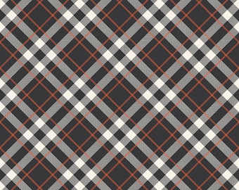 Halloween Plaid Fabric, Hey Bootiful Plaid Charcoal by Riley Blake Quilting Cotton Fabric, Black and Orange Plaid