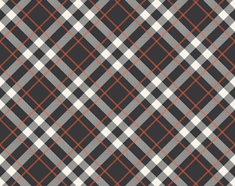 Halloween Plaid Fabric, Hey Bootiful Plaid Charcoal by Riley Blake Quilting Cotton Fabric, Black and Orange Plaid