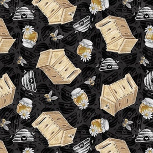 Beehive Fabric, Bees with Beehives on Charcoal Late Summer Harvest Collection by Blank Quilting Cotton Fabric, Bumble Bee and Daisy Fabric