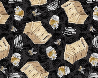 Beehive Fabric, Bees with Beehives on Charcoal Late Summer Harvest Collection by Blank Quilting Cotton Fabric, Bumble Bee and Daisy Fabric