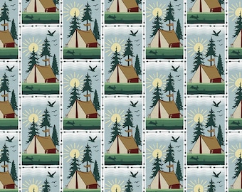 Hunting Fabric, Campsite Scene Hunters Haven by Paintbrush Studio Quilting Cotton Fabric, Camping Fabric, Tent Fabric