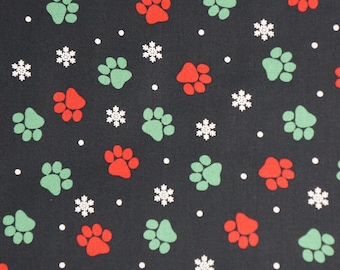 Christmas Holiday Paw Prints with Snowflakes on Black Novelty Christmas Cotton Fabric, Christmas Paw Print Fabric, Red and Green Paws