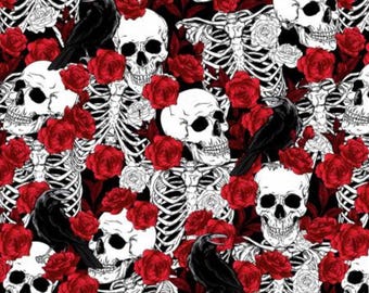 Skulls and Red Roses Fabric, Skeletons Red Roses and Crows by Fabric Traditions Halloween Novelty Cotton Fabric 16737-Z