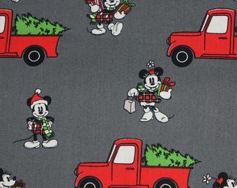 Mickey Red Truck with Christmas Tree Disney Licensed by Springs Creative Christmas Novelty Cotton Fabric, Shopping Mickey and Minnie
