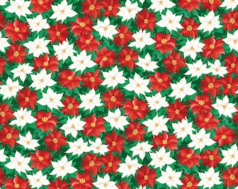 Poinsettia Fabric, Holiday Poinsettias Red and White Happy Llamadays by Andi Metz by Benartex Kanvas Studio Quilting Cotton Fabric