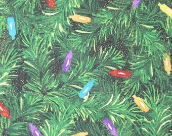 Christmas Tree Branches Fabric, Christmas Tree with Lights and Glitter Novelty Cotton Fabric, Pine Needle Fabric, Evergreen Christmas Tree