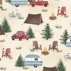 Camping Fabric, Camping Scenic Allover on Cream by Danielle Murray Wilmington Prints Quilting Cotton Fabric, Evergreen Escape