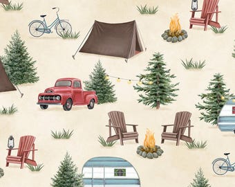 Camping Fabric, Camping Scenic Allover on Cream by Danielle Murray Wilmington Prints Quilting Cotton Fabric, Evergreen Escape