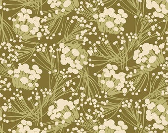 Mushroom Fabric, Enoki on Moss Green Forage by Martha Negley for Free Spirit Quilting Cotton Fabric PWMN071.MOSS