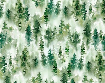 Forest Fabric, Trees Allover Misty Vista by Katrina Pete for P & B Textiles Quilting Cotton Fabric, Watercolor Forest MVIS05542-G