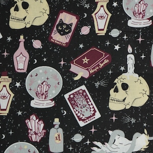 Mystical Objects Halloween on Black Novelty Cotton Fabric, Palm Reading, Crystal Ball, Fortune Telling, Skulls Pink Magic Fabric