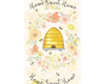 Bee and Floral Fabric Panel, Home Sweet Home 24" Panel by Timeless Treasures Digitally Printed Quilting Cotton Fabric Watercolor Floral Bees
